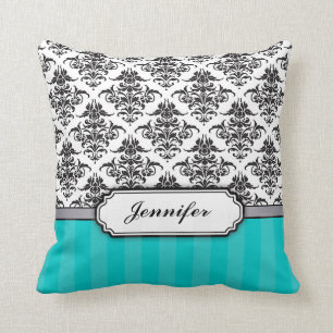 Coussin Carreau noir et blanc de damassé - turquoise