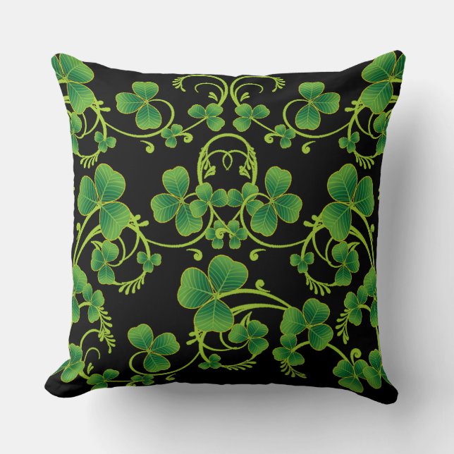 Coussin Carreau noir et vert de vignes de shamrock (Recto)