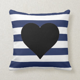 Coussin Carreau noir rayé bleu et blanc de coeur