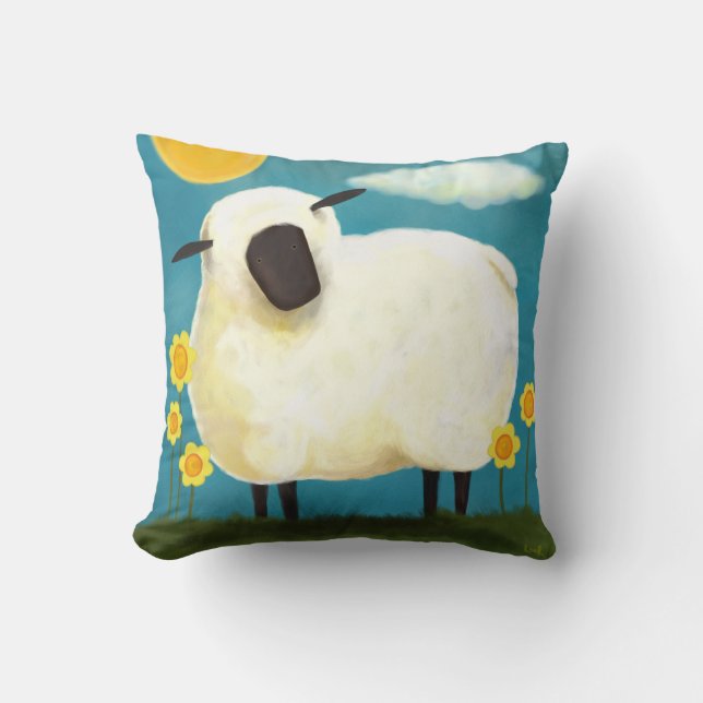 Coussin Carreau pelucheux de moutons et de fleurs de jaune (Recto)