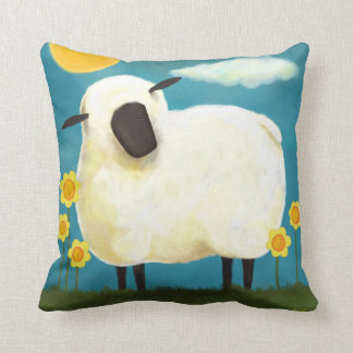 Coussin Carreau pelucheux de moutons et de fleurs de jaune