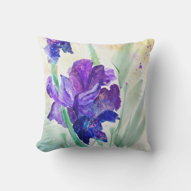 Coussin Carreau pourpre de coutume d'aquarelle d'iris (Recto)