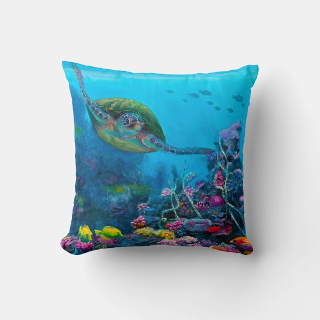 Coussin Carreau réversible de plage d'Hawaï et de tortue (Recto)