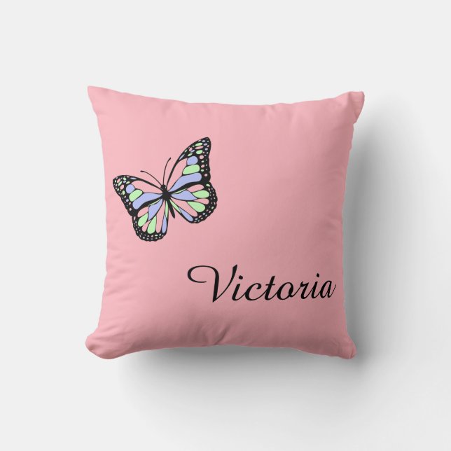 Coussin Carreau rose fait sur commande avec le papillon (Recto)