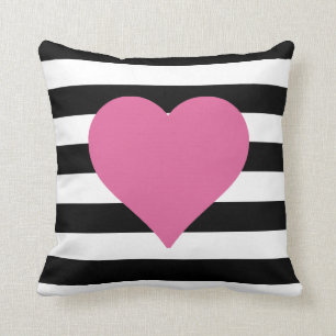 Coussin Carreau rose rayé noir et blanc de coeur
