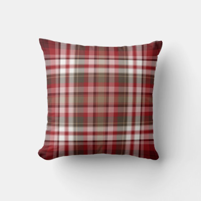 Coussin Carreau rouge et Brown de plaid par JoMazArt (Recto)