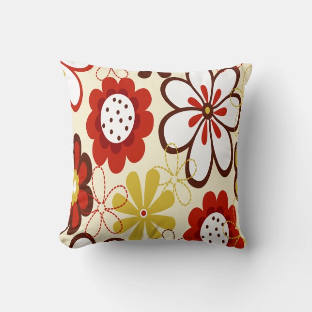 Coussin Carreau rouge, jaune et Brown de fleurs (Recto)