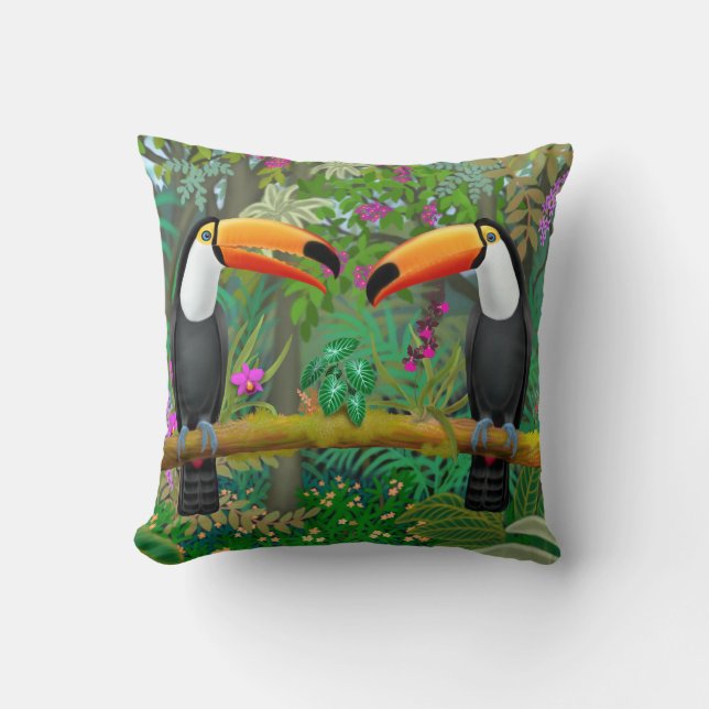 Coussin Carreau tropical d'oiseaux de toucan (Recto)