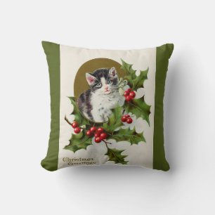 Coussin Carreau vintage de vert de chaton de Noël
