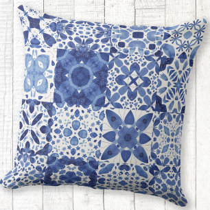 Coussin Carreaux Bleus Bleu Méditerranéen Motif Aquarelle