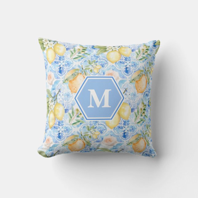 Coussin Carreaux Bleus Méditerranéens Limoncello Monogramm (Recto)