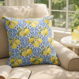 Coussin Carreaux bleus méditerranéens motif citron
