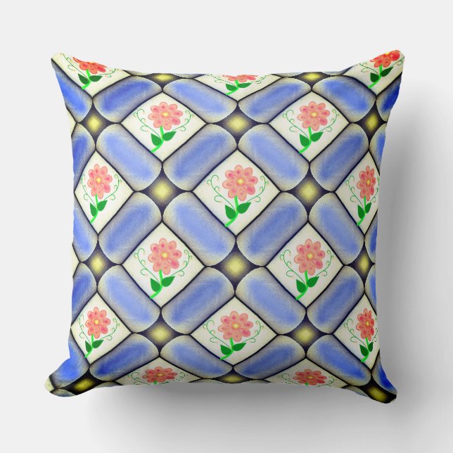 Coussin Carreaux de crème design de Fleur sur Blue Glazed (Recto)