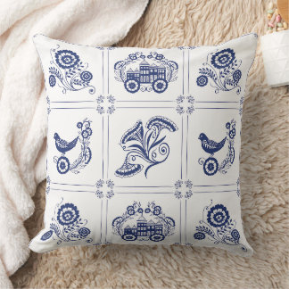 Coussin Carreaux de Delft Bleu Classique Fleur et Oiseau