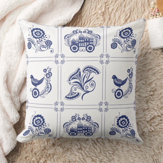 Coussin Carreaux de Delft Bleu Classique Fleur et Oiseau (Couverture)
