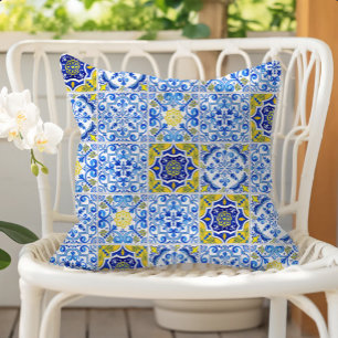 Coussin Carreaux de motif de carreaux bleus blancs jaunes