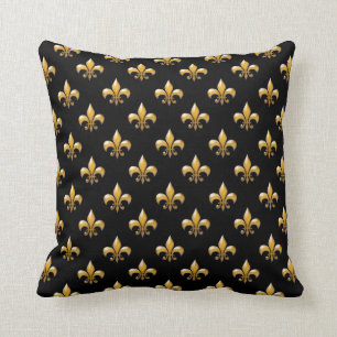 Coussin Carreaux de motif d'or de Fleur de Lis Black