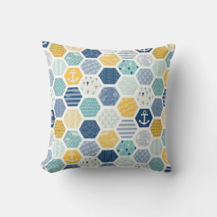 Coussin Carreaux de motif nautique côtier jaune aqua