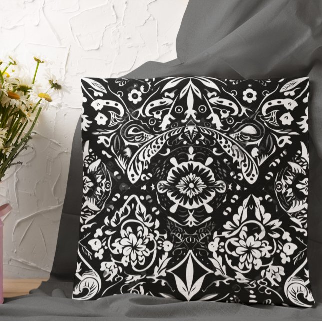 Coussin Carreaux de poterie Talavera mexicain noir blanc (Créateur téléchargé)