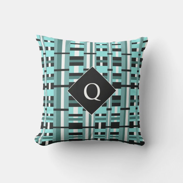 Coussin Carreaux en Aqua, Sarcelle, Noir & Monogramme Blan (Recto)