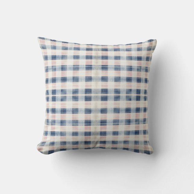Coussin Carreaux en détresse rose et gris bleu (Recto)