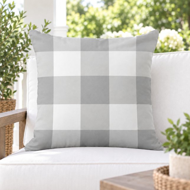 Coussin Carreaux Gingham Gris Blanc Classique Grand (Créateur téléchargé)