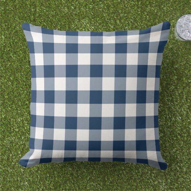 Coussin Carreaux Gingham Navy Classique Blanc (Herbe)