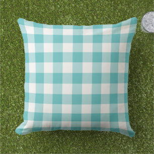 Coussin Carreaux Gingham Turquoise Blanc à Carreaux