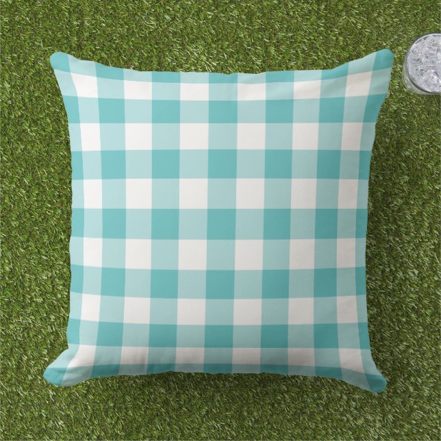 Coussin Carreaux Gingham Turquoise Blanc à Carreaux (Herbe)