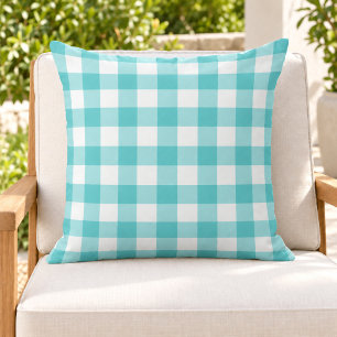 Coussin Carreaux Gingham Turquoise Blanc à Carreaux