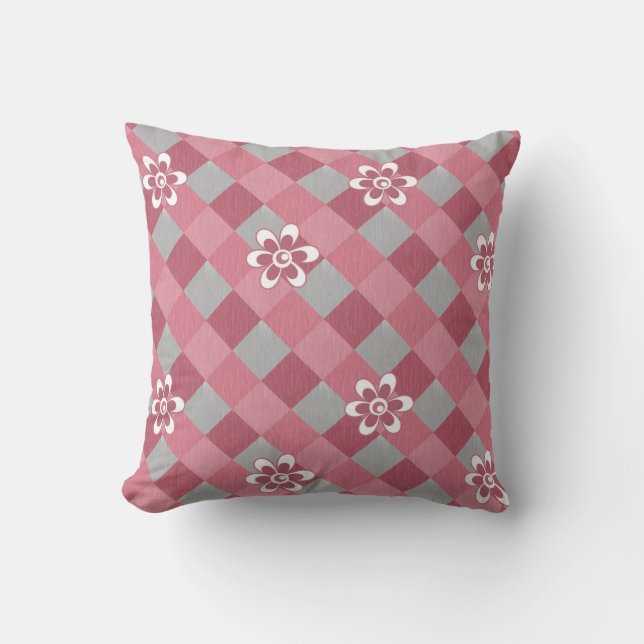 Coussin Carreaux gris et rose avec fleurs de camomille (Recto)
