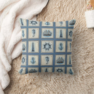 Coussin Carreaux marins   Blue Lighthouse Ancre Ship Wheel