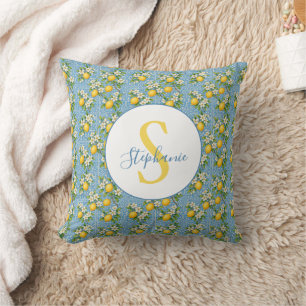Coussin Carreaux Motif Bleu Aquarelle Citron Personnalisé
