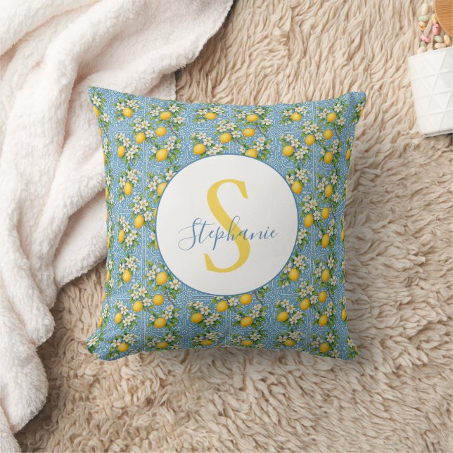 Coussin Carreaux Motif Bleu Aquarelle Citron Personnalisé (Couverture)