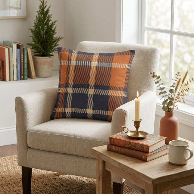 Coussin Carreaux orange et bleu d'automne (Autumn Orange and Blue Plaid Throw Pillow)