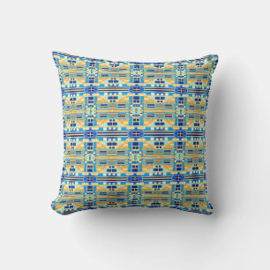 Coussin Carreaux Petits Motif Bleu Marine Corail Jaune Or