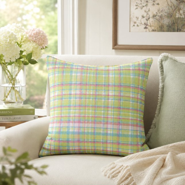 Coussin Carreaux Vert, Bleu et Rose (Créateur téléchargé)