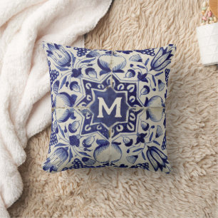 Coussin Carrelage blanc bleu géométrique vintage Monogramm