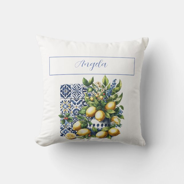 Coussin Carrelage bleu italien et citrons | votre nom (Recto)