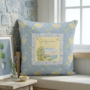 Coussin Carrelage en aquarelle au nom monogramme de la côt