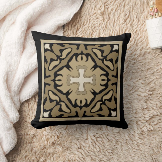 Coussin Carrelage espagnol Sepia sur Arrière - plan noir (Couverture)