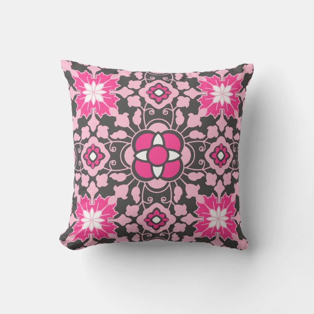 Coussin Carrelage Floral marocain, Fuchsia rose & gris / G (Recto)