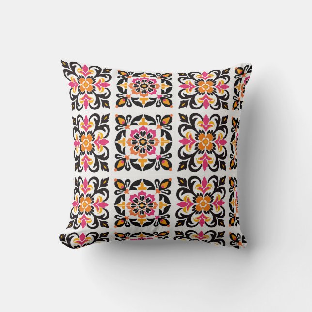 Coussin Carrelage folklorique mexicain rose et orange (Recto)