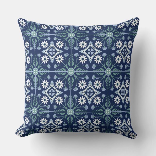 Coussin carrelage marocain arabesque bleu vif blanc vert (Recto)