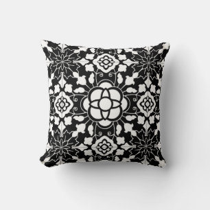 Coussin Carrelage marocain floral, noir et blanc
