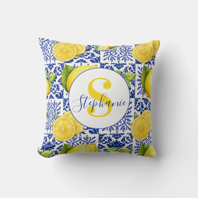 Coussin Carrelage Motif Citron Blanc Bleu Monogramme Nom (Recto)