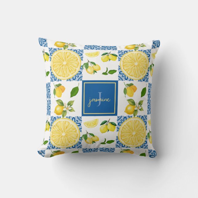 Coussin Carrelage Motif Pays Français Monogramme Citron (Recto)
