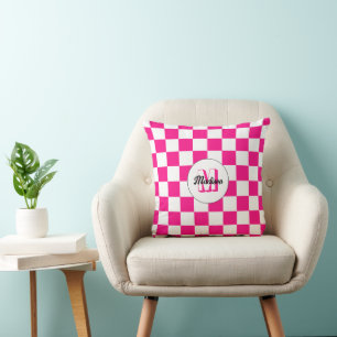 Coussin Carrés à dames rose vif blanc rétro Monogramme