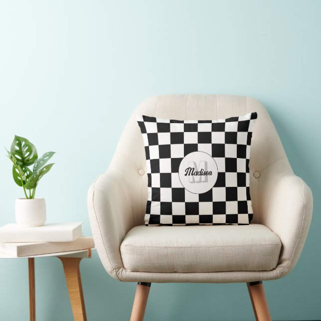 Coussin Carrés à damiers Monogramme rétro Noir et Blanc (Chaise)