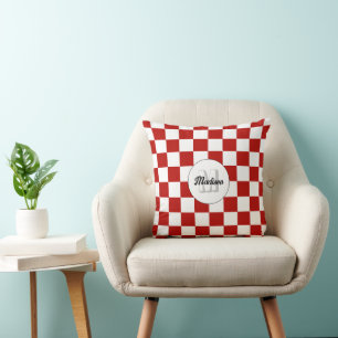 Coussin Carrés à damiers Rouge et Blanc Monogramme rétro